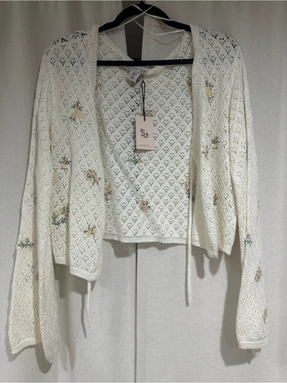 Sincerely Jules Cream Openwork Cardigan with Yellow Floral Embroidery